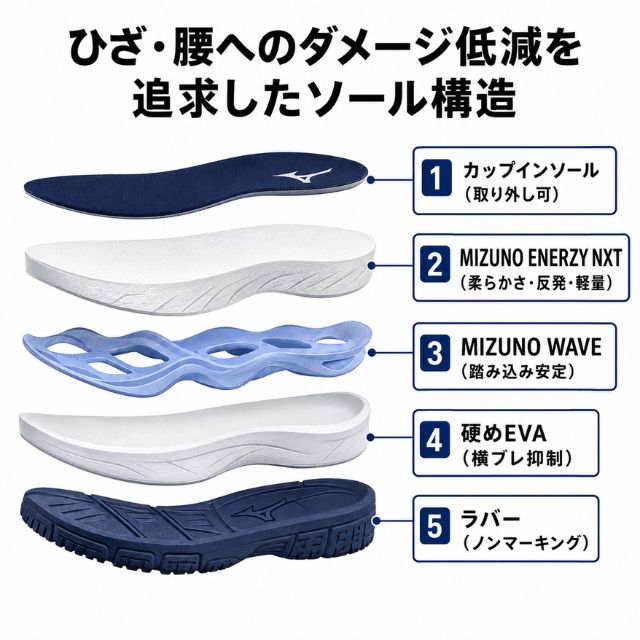 ひざ・腰へのダメージ低減を追求したソール構造